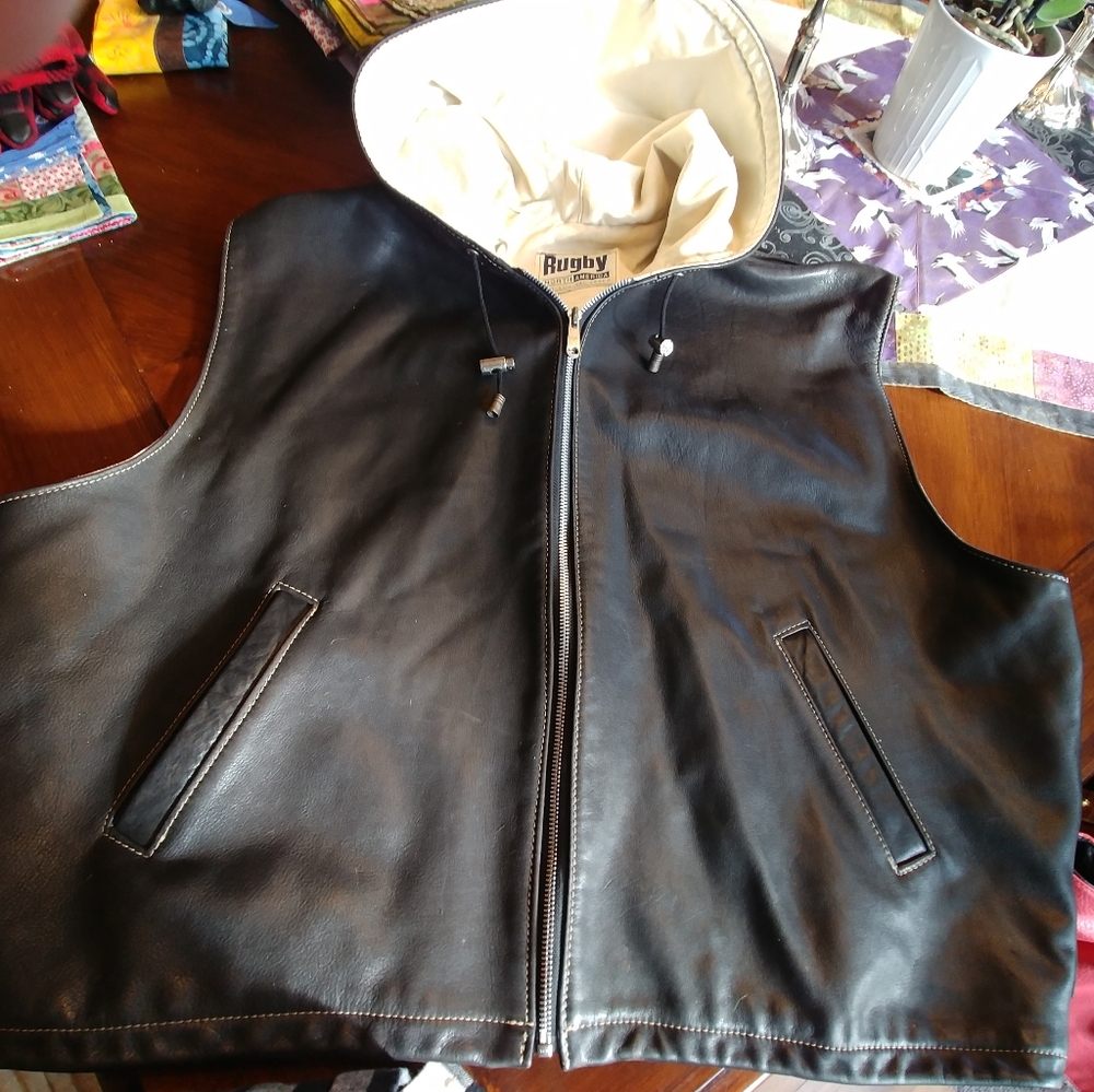 Beautiful Unisex Black HOODED LEATHER VEST, fully